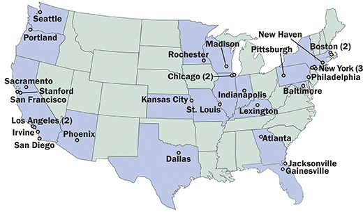 map of research centers; see below for list